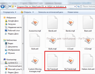 Рис. 3. Файлы форекс индикатора, скопированные в папку торгового терминала.